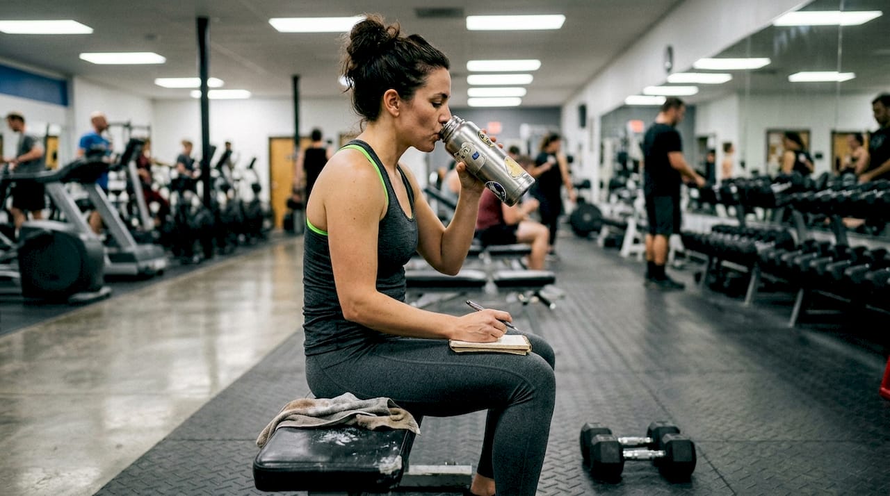 Focused woman takes break in busy gym