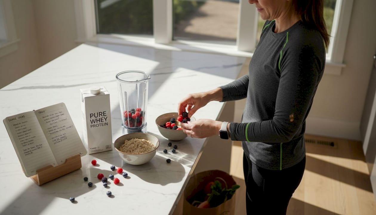 Dietitian assembling shake ingredients at counter