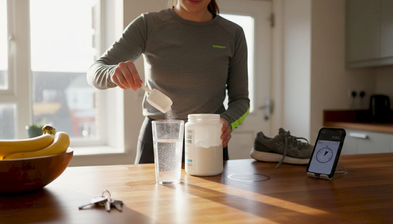 Woman mixing creatine drink in kitchen