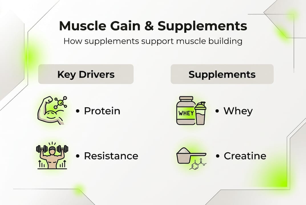 Infographic showing muscle gain supplement basics