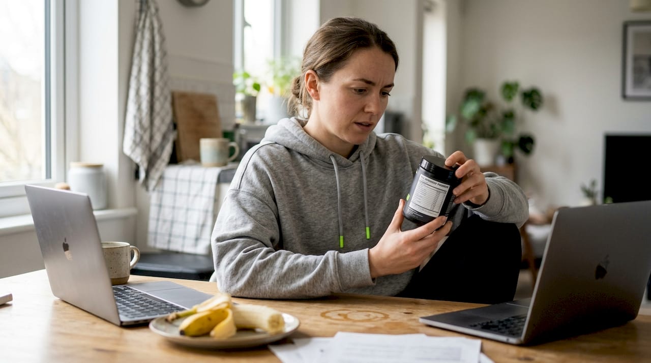 Woman reading supplement label in kitchen