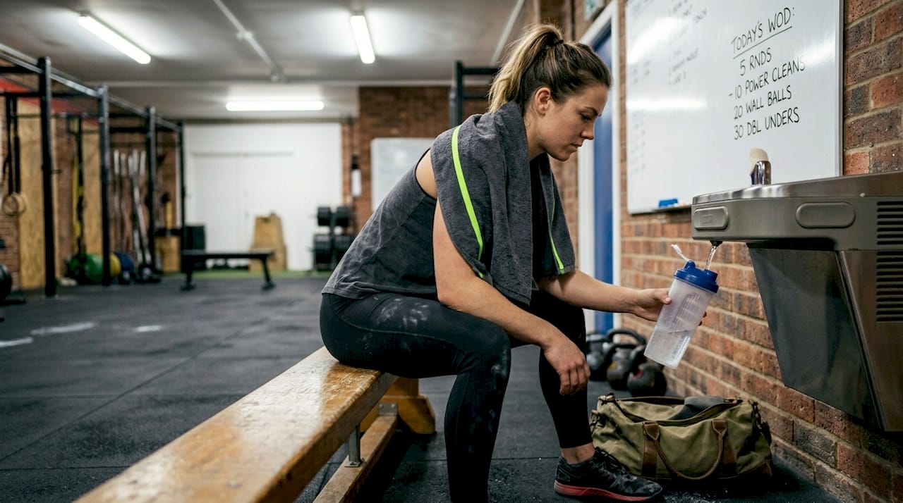 Female athlete hydrating in busy gym