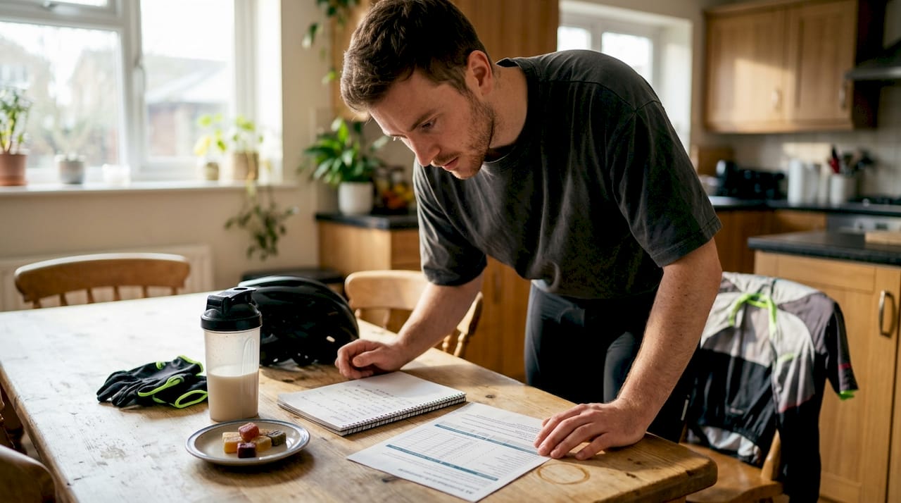 Cyclist reviewing nutrition and workout notes
