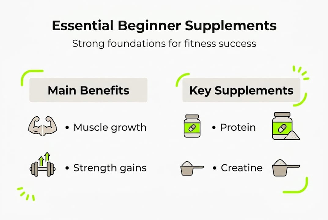 Infographic showing beginner fitness supplements and benefits