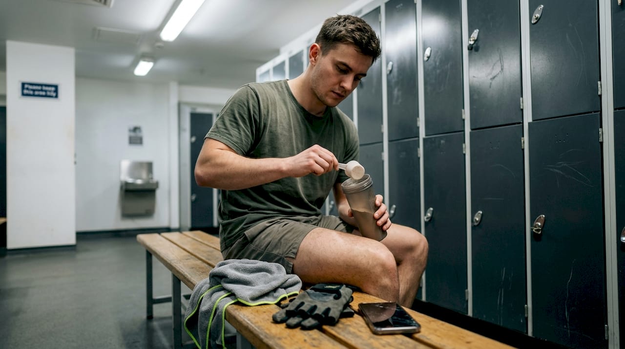 Gymgoer preparing protein powder in locker room