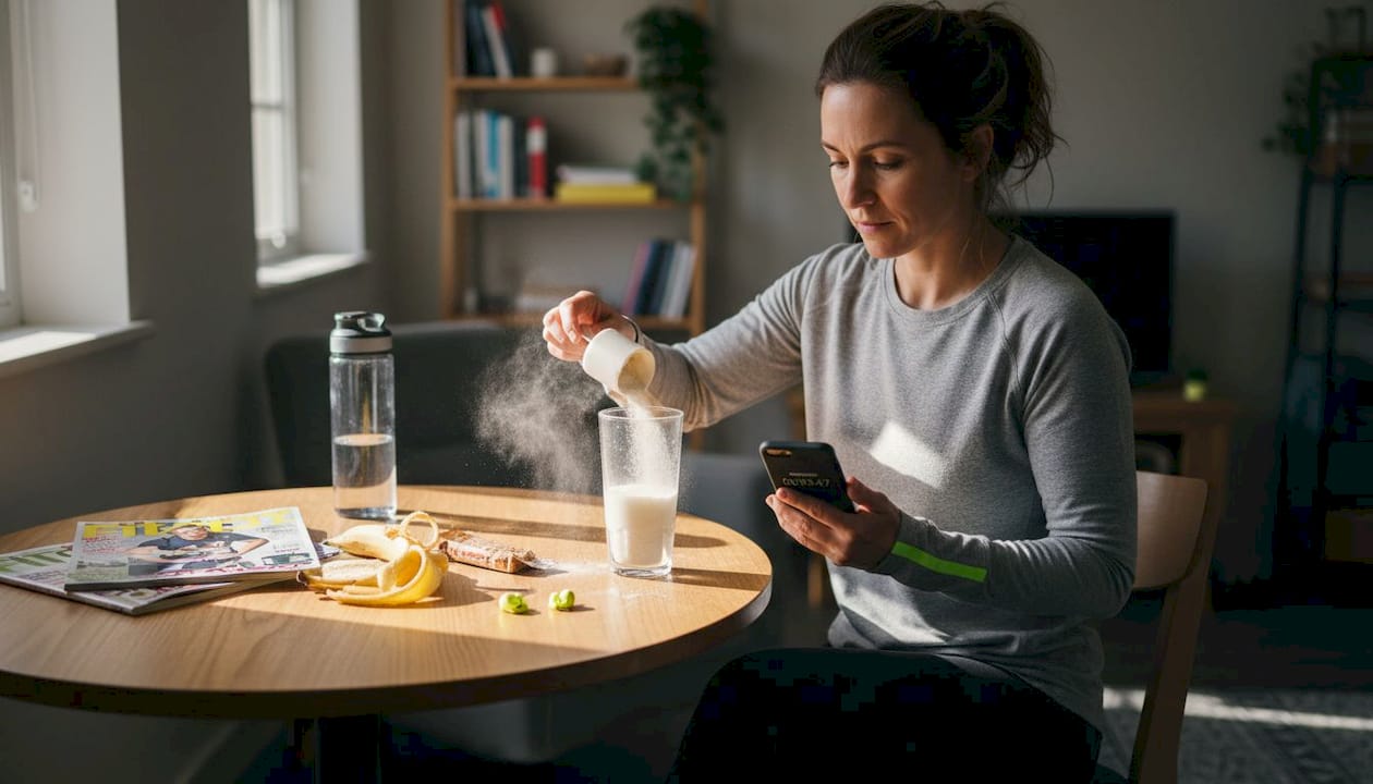 Woman mixing protein with timer on dining table