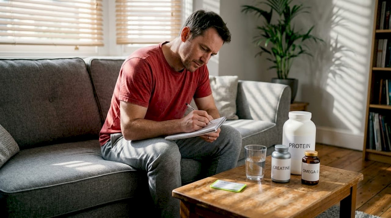 Man tracking supplement routine in living room