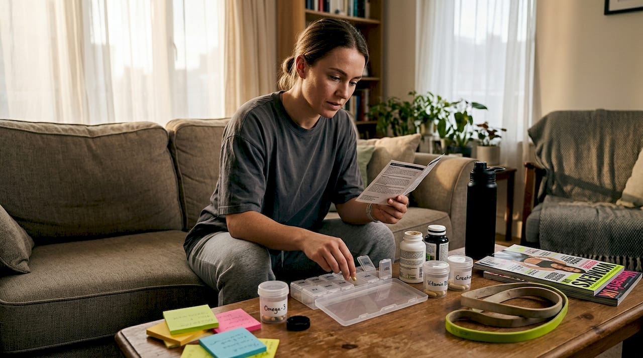 Woman organizing daily supplements at home