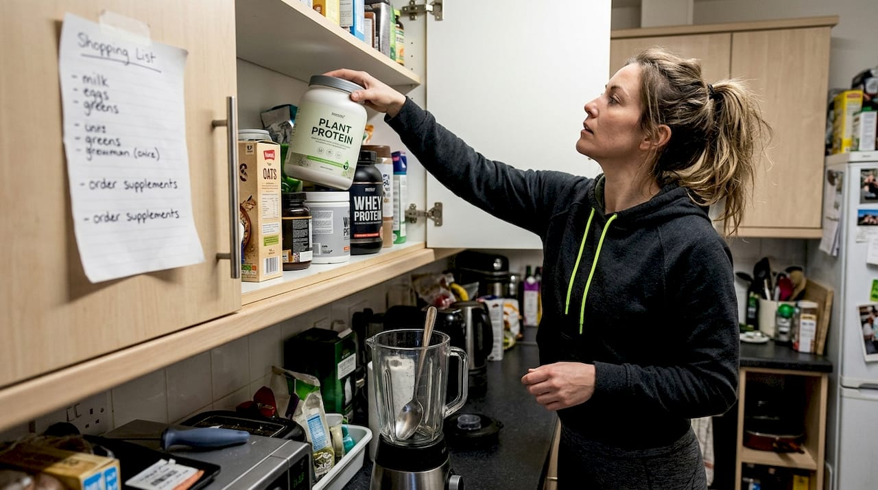 Woman selecting plant protein from pantry shelf