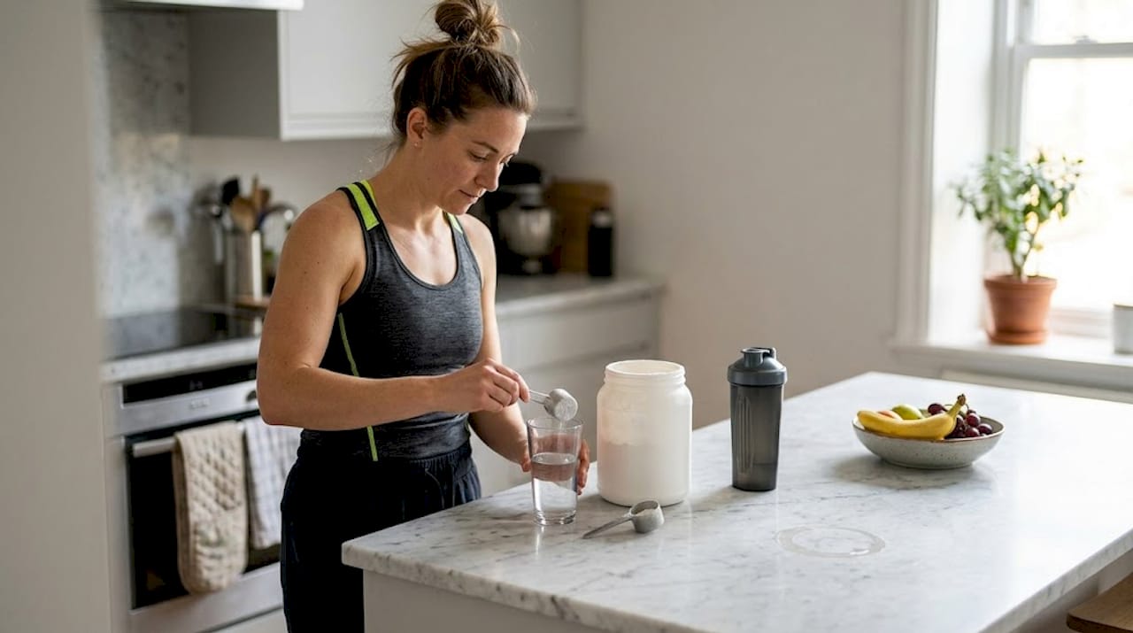 Woman preparing creatine supplement in kitchen