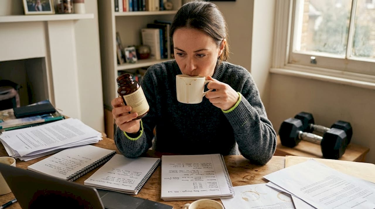 Woman reading caffeine supplement label at desk