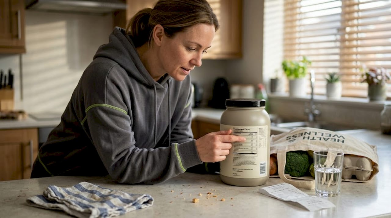 Woman reviews supplement safety label at kitchen
