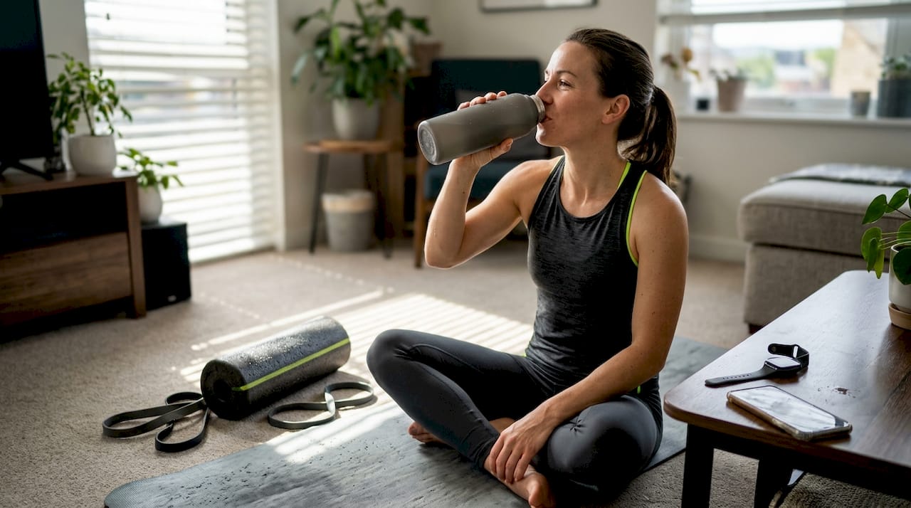 Athlete hydrating after workout at home