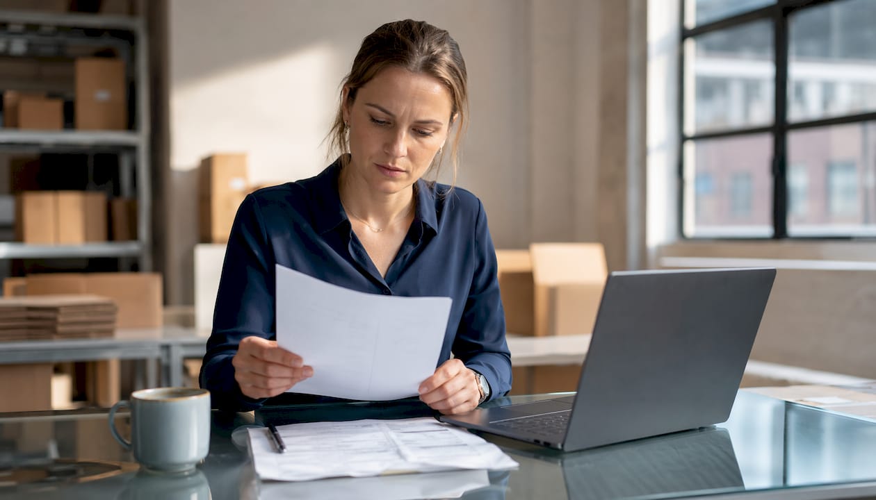Eine Mitarbeiterin sitzt im Büro und überprüft die Lieferliste für die LKW-Anlieferungen.