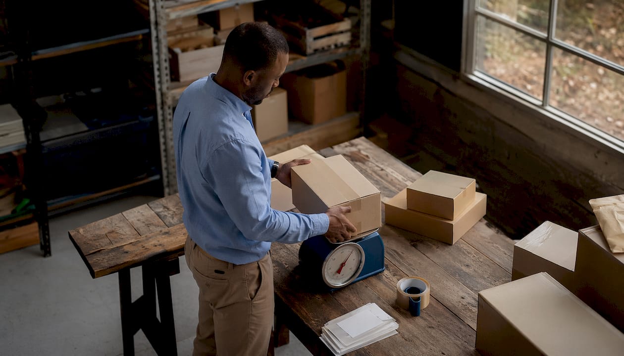 Eine Person stellt das verpackte Paket auf die Waage, um das Gesamtgewicht zu bestimmen.