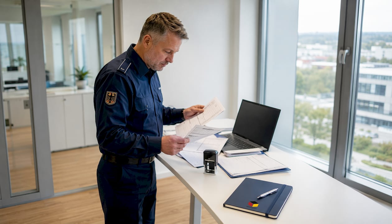 Ein Zollbeamter überprüft am Schreibtisch sorgfältig die eingereichten Formulare.