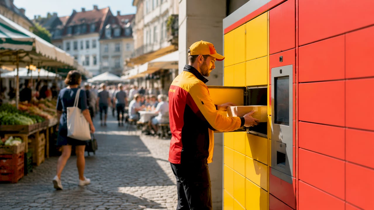DHL Paketstation in der Stadt mit persönlicher Zustellung durch den Paketboten