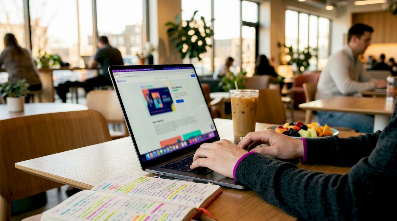 EPK for Musicians: Your Complete 2026 Guide - 1783927297871 Hands typing laptop in cafe creating EPK Hands typing laptop in café creating EPK