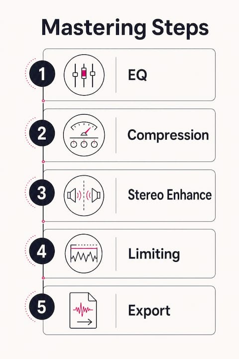 How to Master a Song: A Musician's Practical Guide - 1784042579691 Infographic illustrating mastering process steps Infographic illustrating mastering process steps