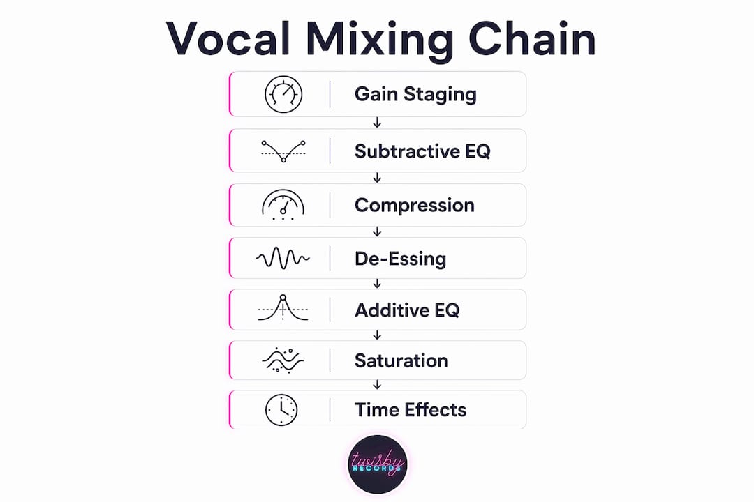 How to Mix Vocals: Techniques for a Pro Sound - 1784299293688 Infographic showing vocal mixing processing steps Infographic showing vocal mixing processing steps