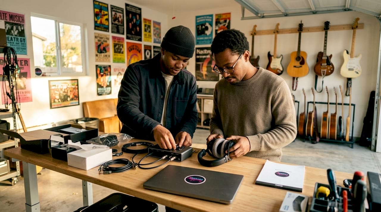 Home Studio Mixing: A 2026 Guide for Independent Musicians - 1784561813848 Hands connecting home studio audio equipment Hands connecting home studio audio equipment