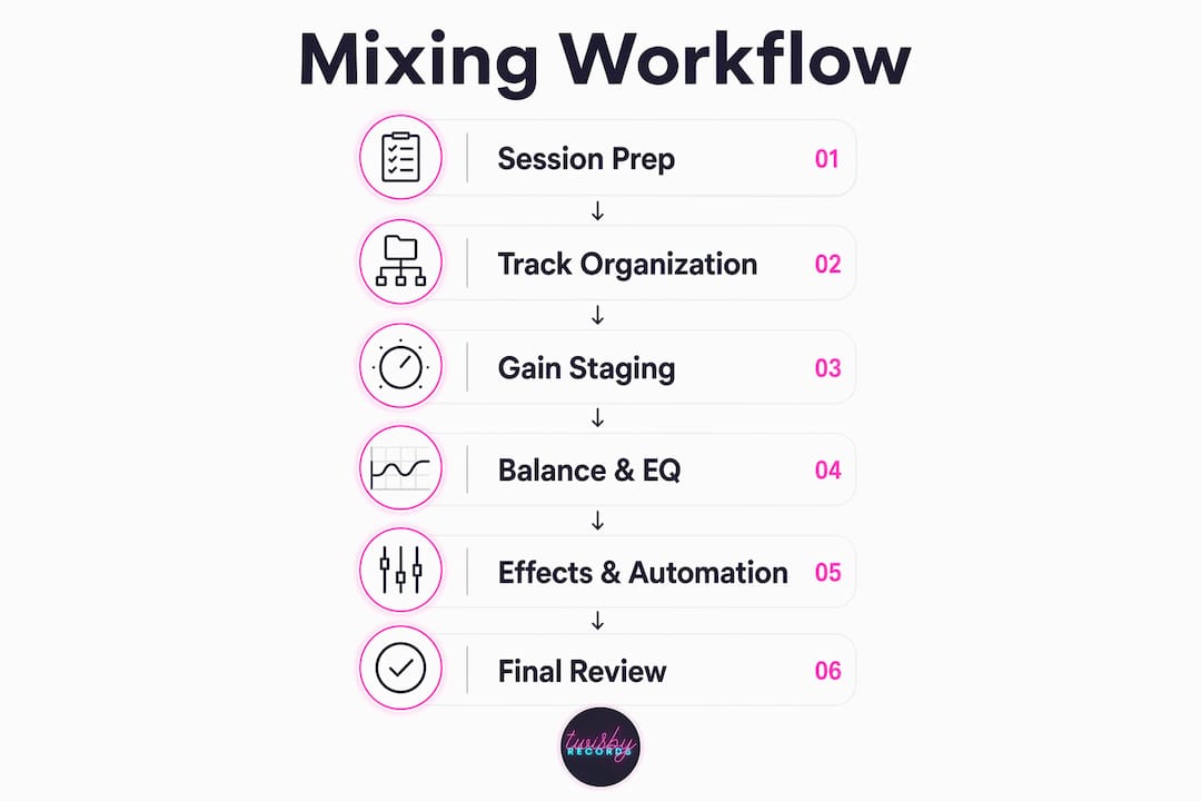 Home Studio Mixing: A 2026 Guide for Independent Musicians - 1784562053673 Infographic illustrating home studio mixing workflow steps Infographic illustrating home studio mixing workflow steps