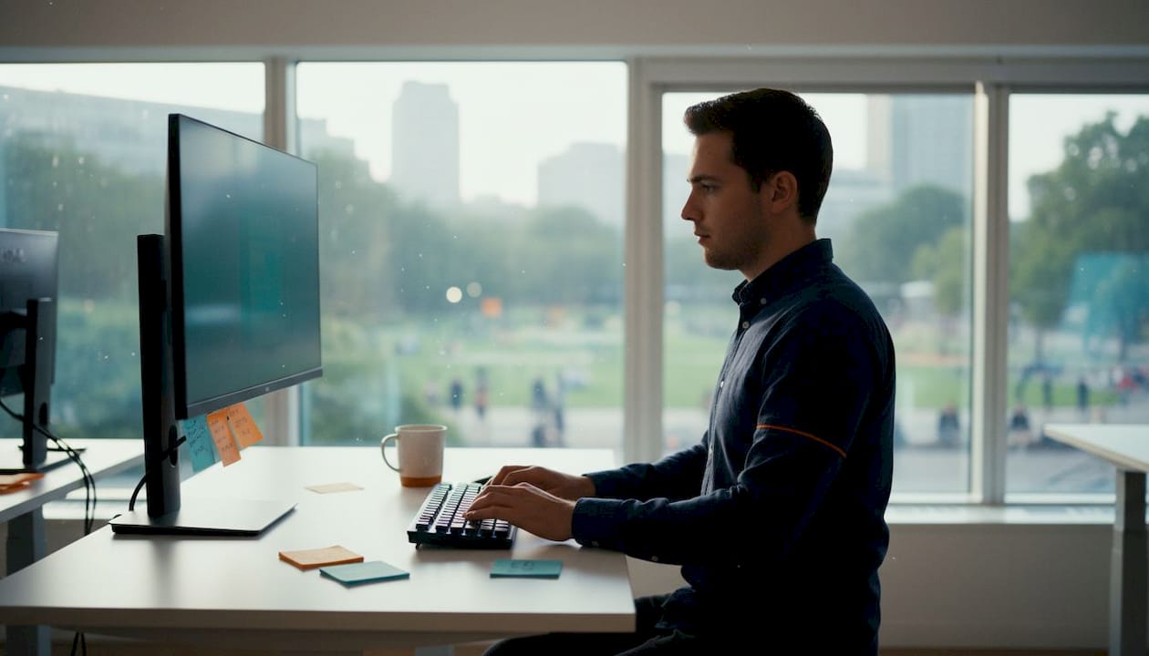 Am Schreibtisch wird konzentriert gearbeitet und Kundendaten im CRM-System professionell gepflegt.
