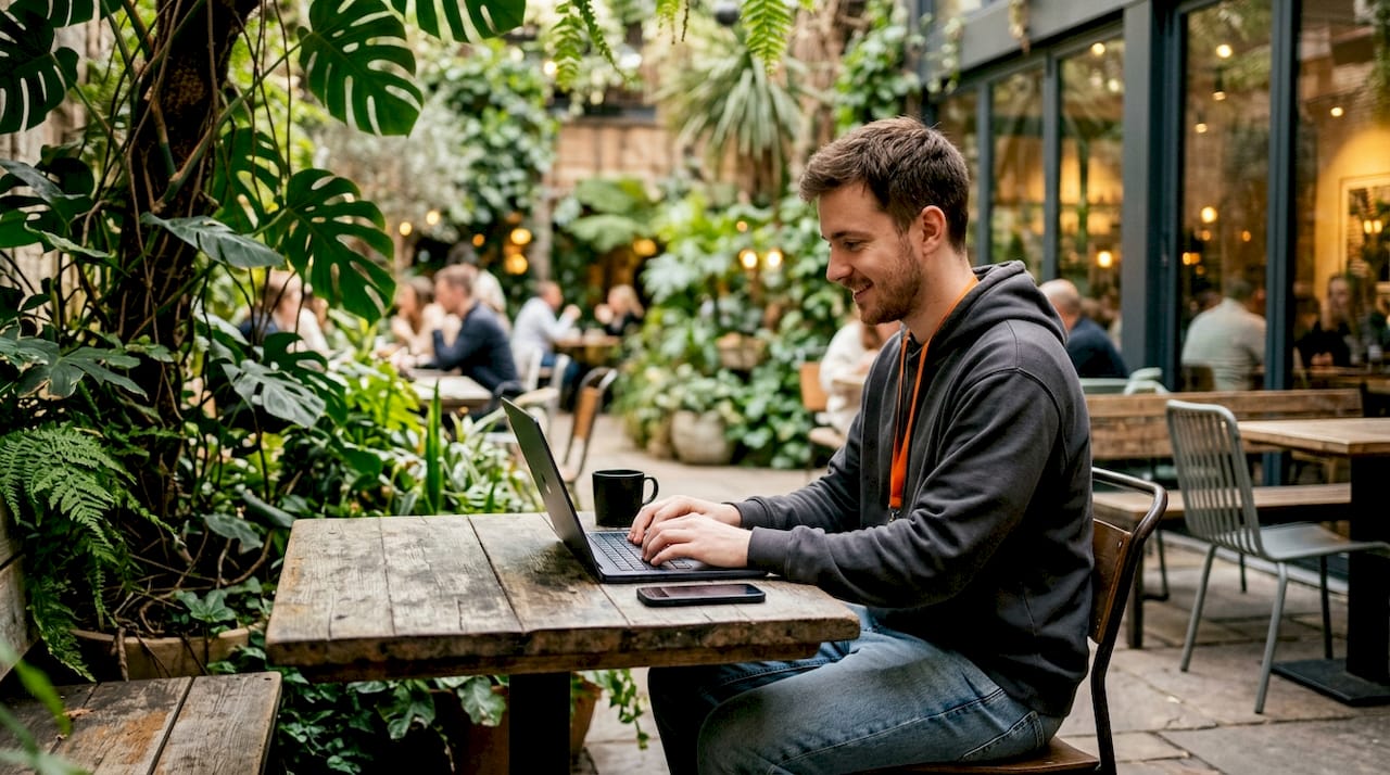 Ein IT-Experte analysiert draußen die SEO-Leistung mobiler Endgeräte.