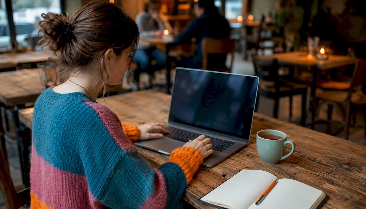 Eine Frau richtet in einem Café ihren WooCommerce-Shop ein.