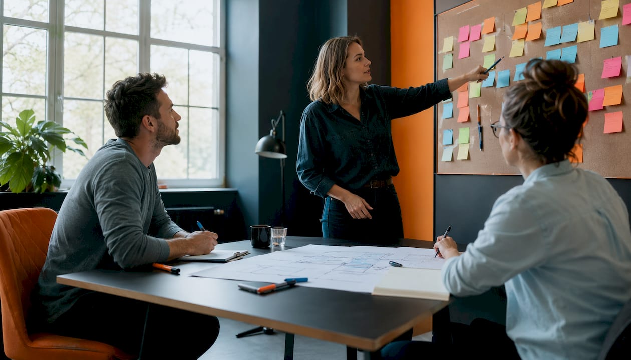 Das Team einer Social-Recruiting-Agentur arbeitet gemeinsam und tauscht sich im Büro aus.
