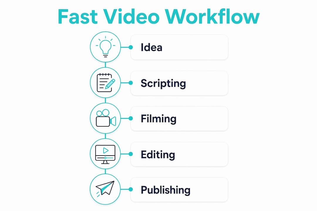 Infographic showing five steps of fast video production workflow