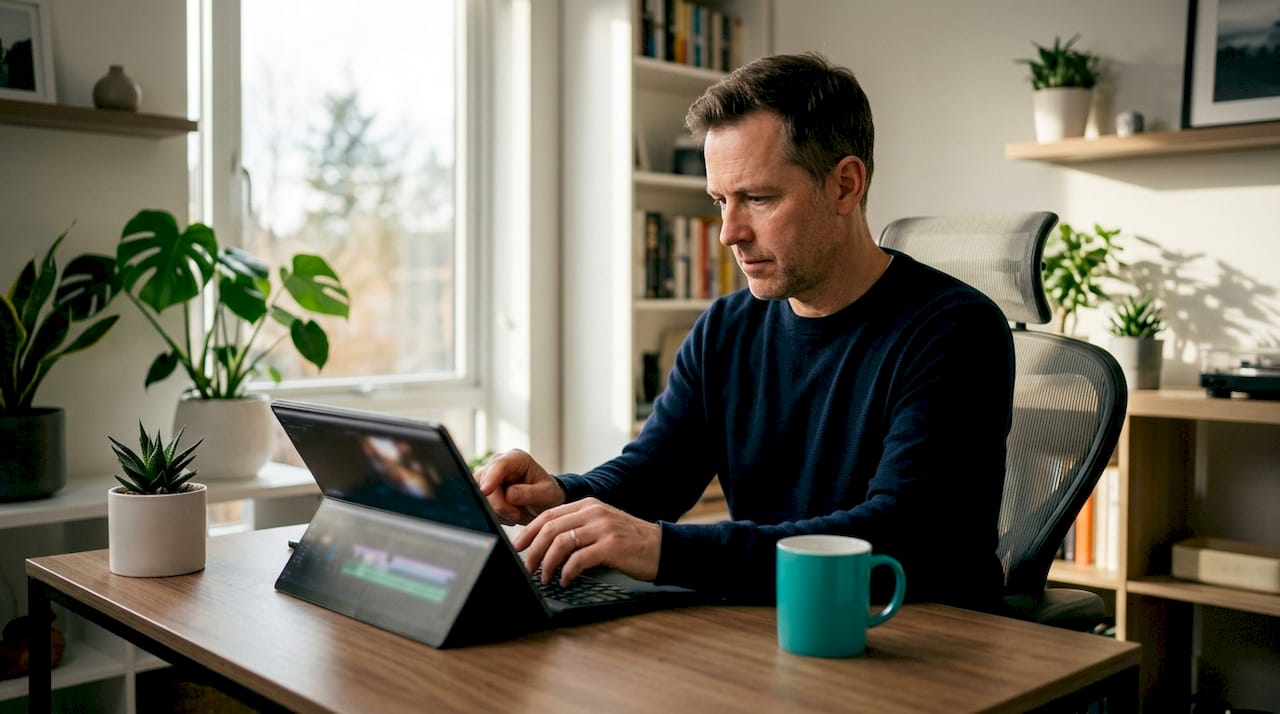 Hands operating video editing software on laptop