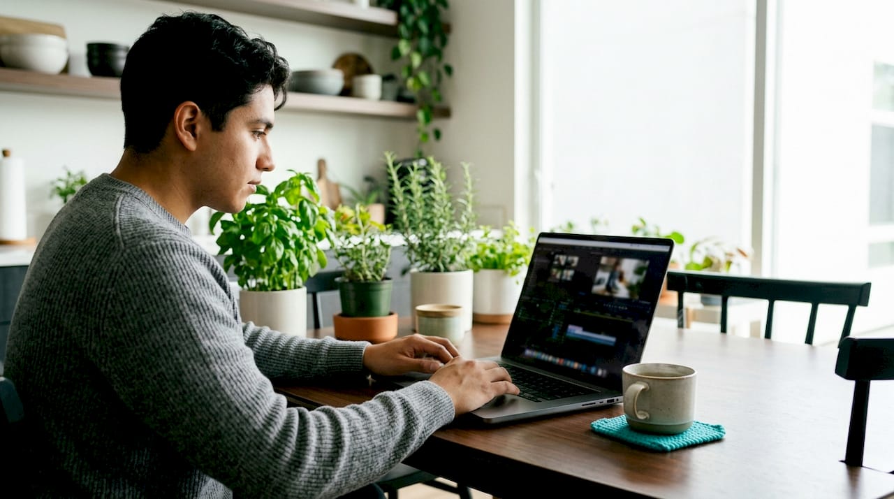 Hands navigating video timeline on laptop