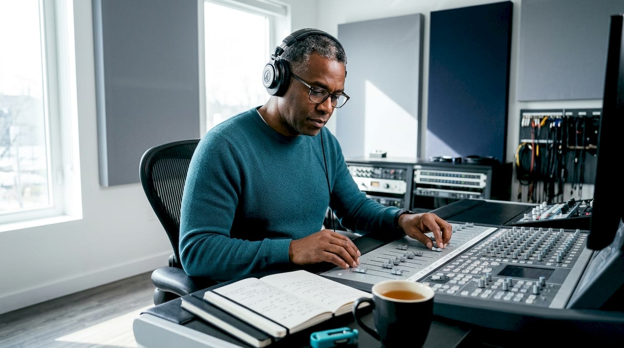 Voice designer adjusting digital audio console