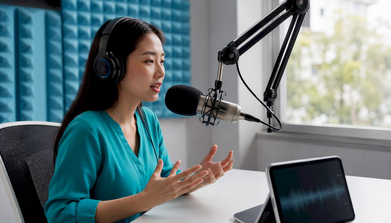 Woman recording voice-over in sound booth