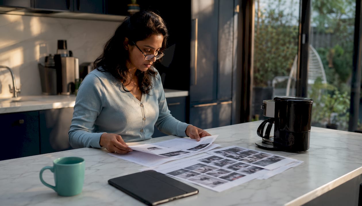 Woman reviewing AI video workflow documents