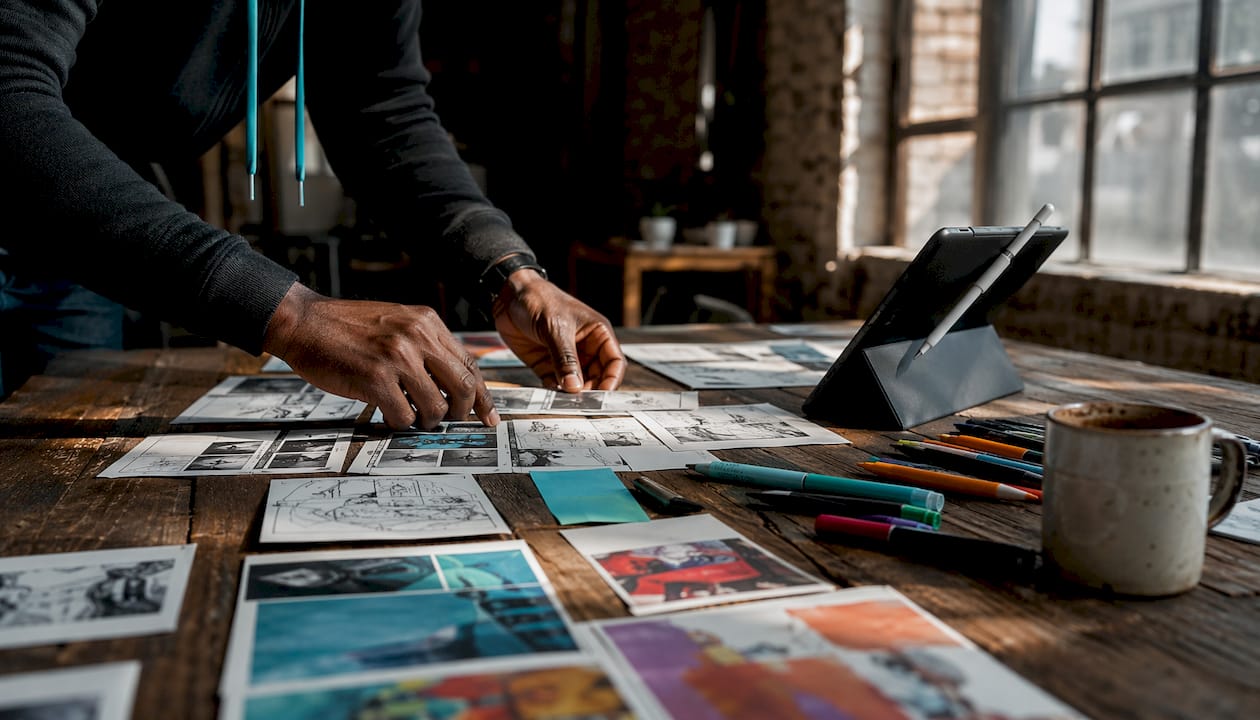 Hands arranging AI-generated storyboards