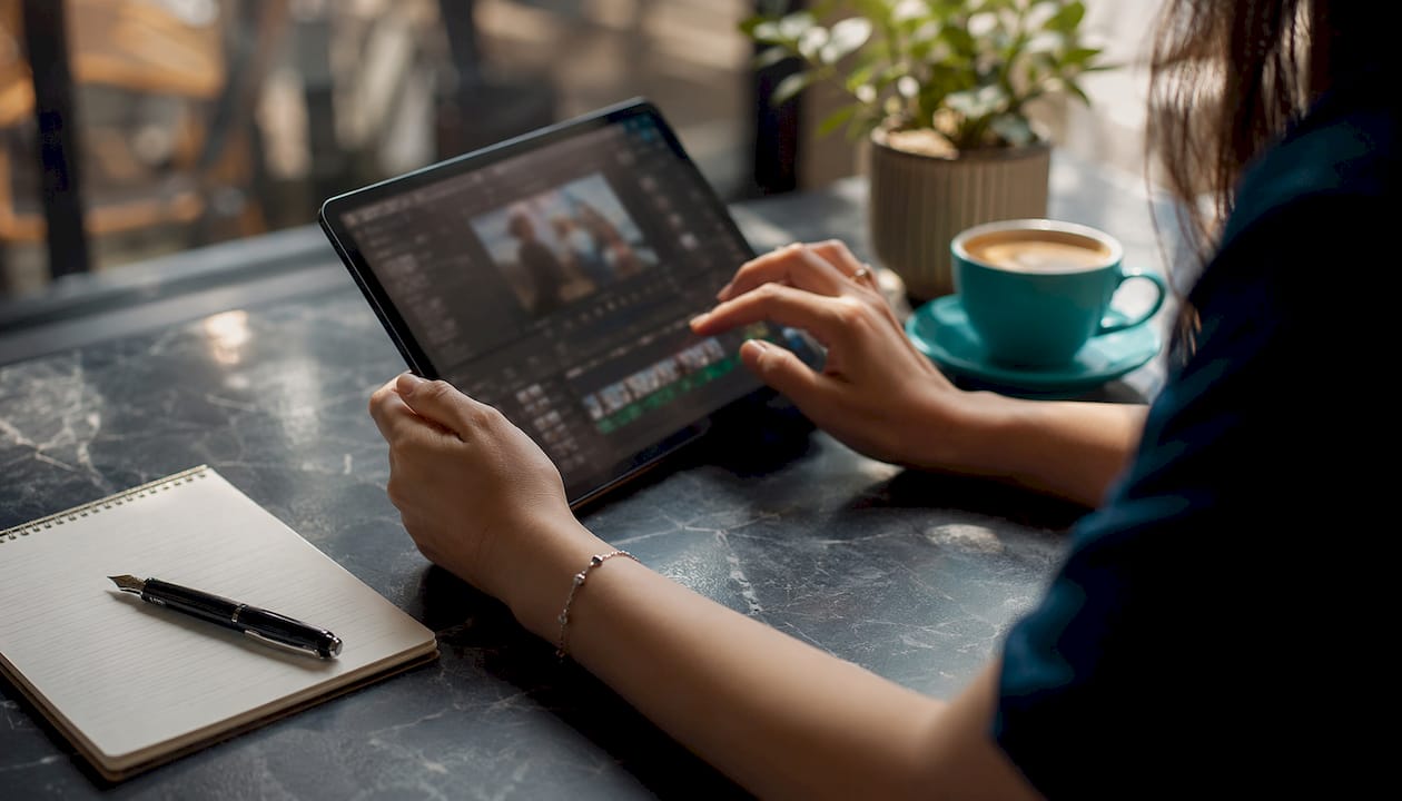 Hands browsing video editing platforms on a tablet
