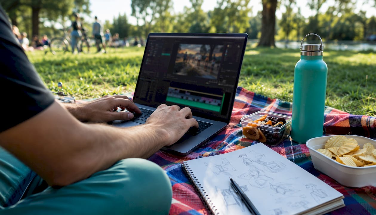 Hands editing faceless drama videos on laptop