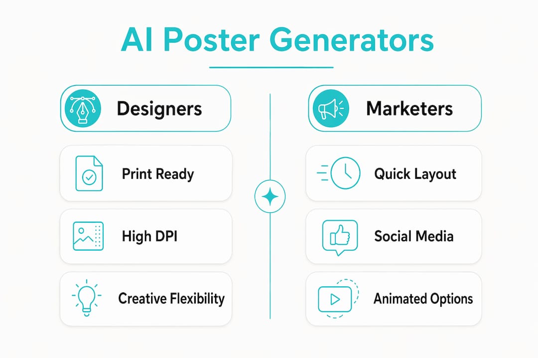 Infographic comparing AI poster generators for designers and marketers