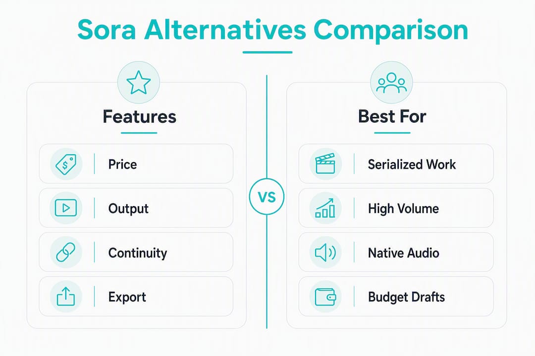 Infographic comparing main Sora alternatives features and best uses