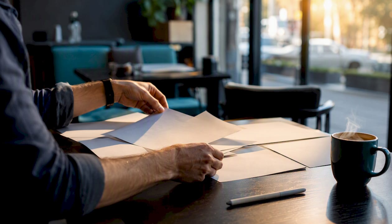 Hands arranging series bible pages on desk