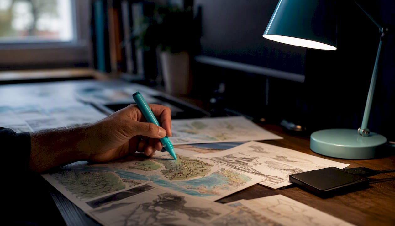 Storyboard and story world maps on desk