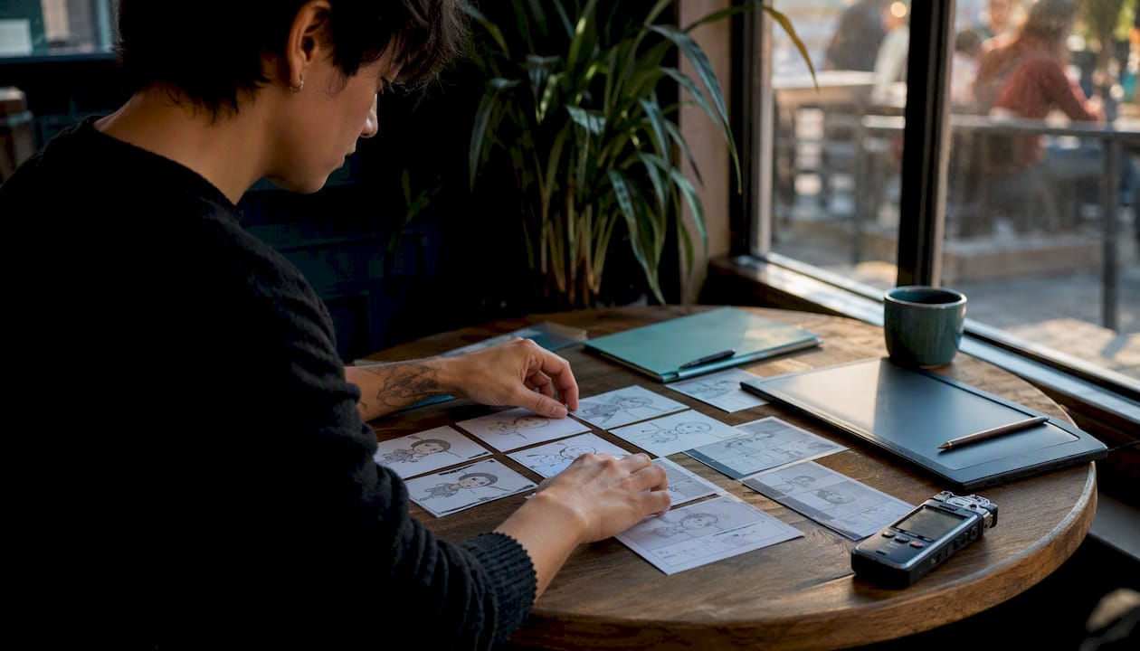 Hands arranging character cards and storyboards