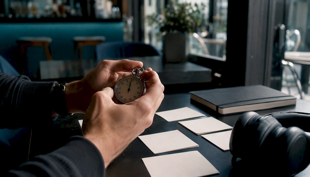 Close-up of hands holding stopwatch planning episode runtime