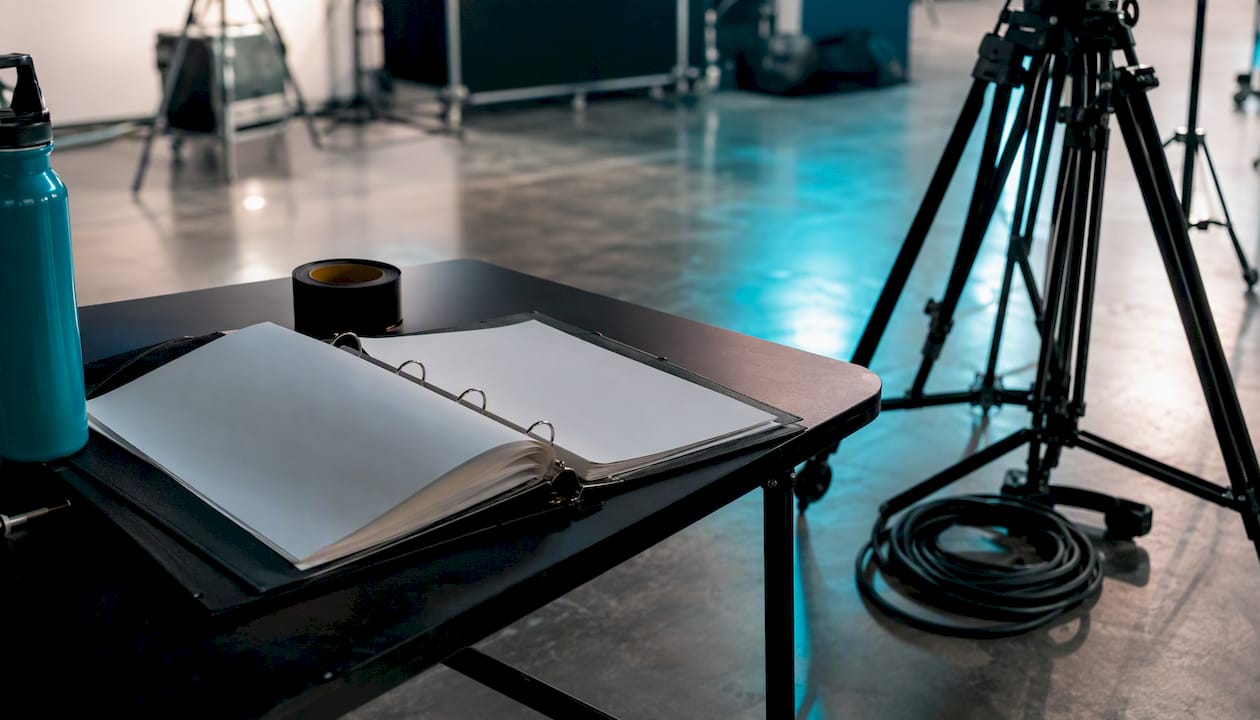 Film set corner with series bible and equipment