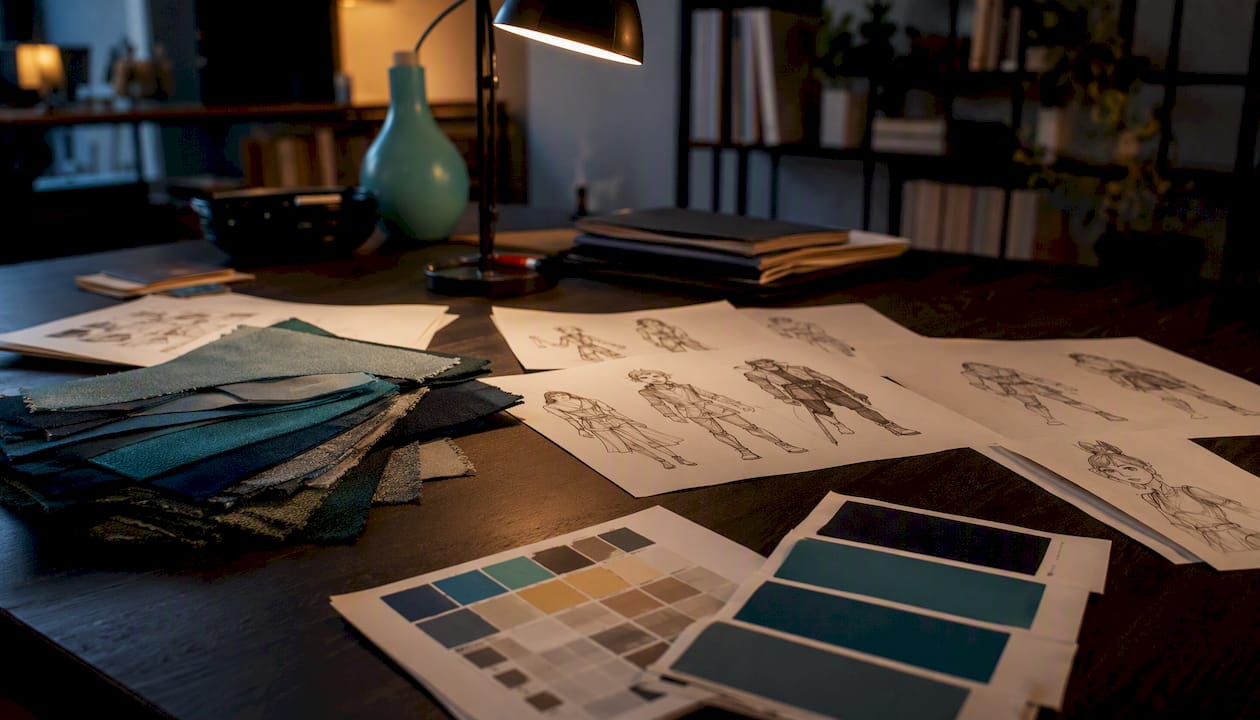 Character design reference sheets and swatches on desk