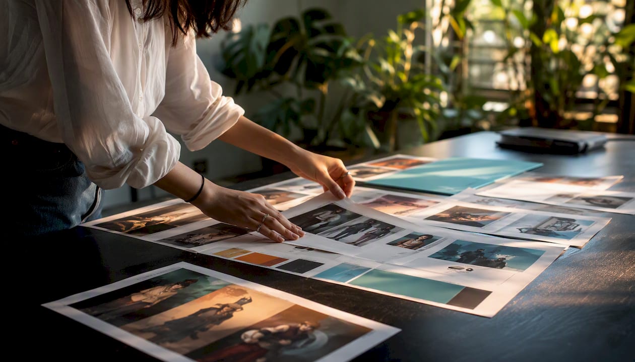 Hands arranging character sheets and lookbook