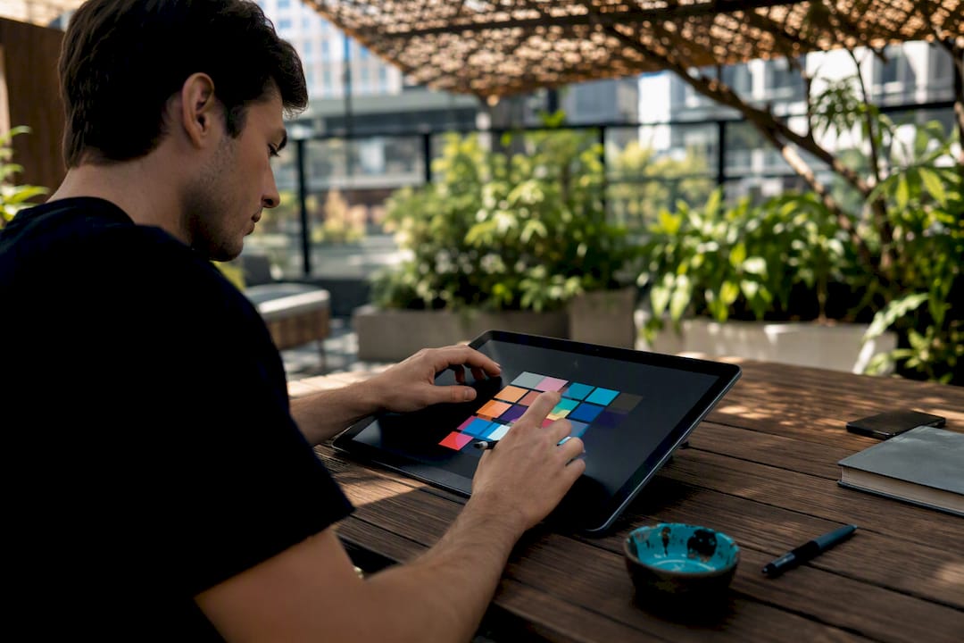 Creator hands working on colorful video thumbnails