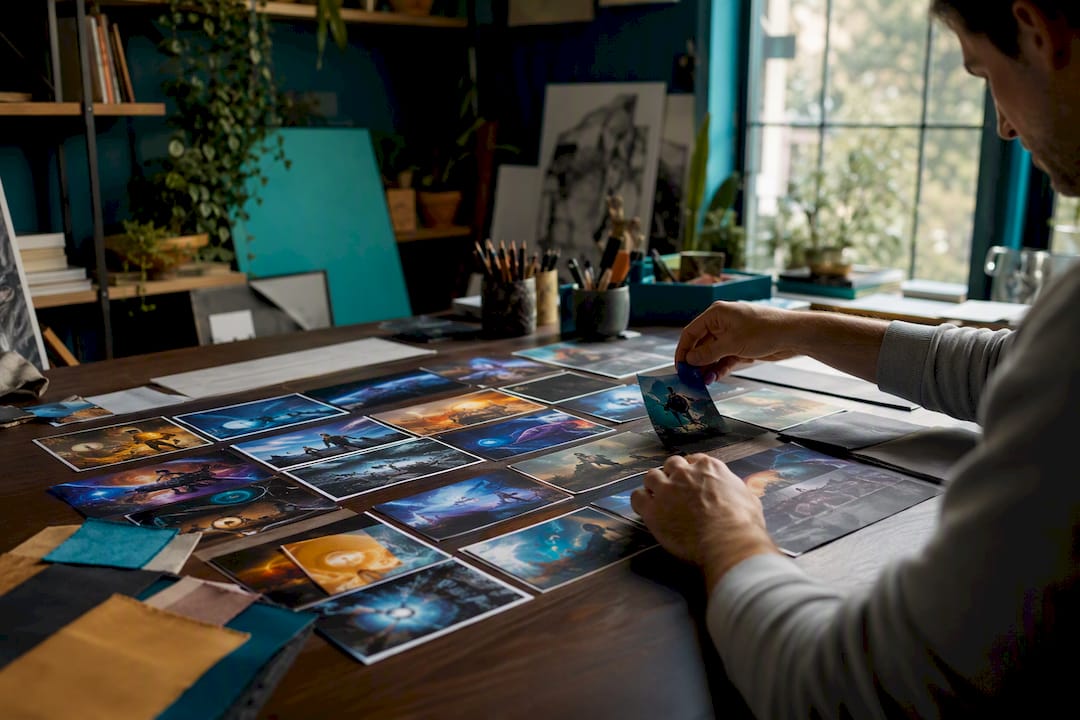 Hands batching multiple episode thumbnails on desk